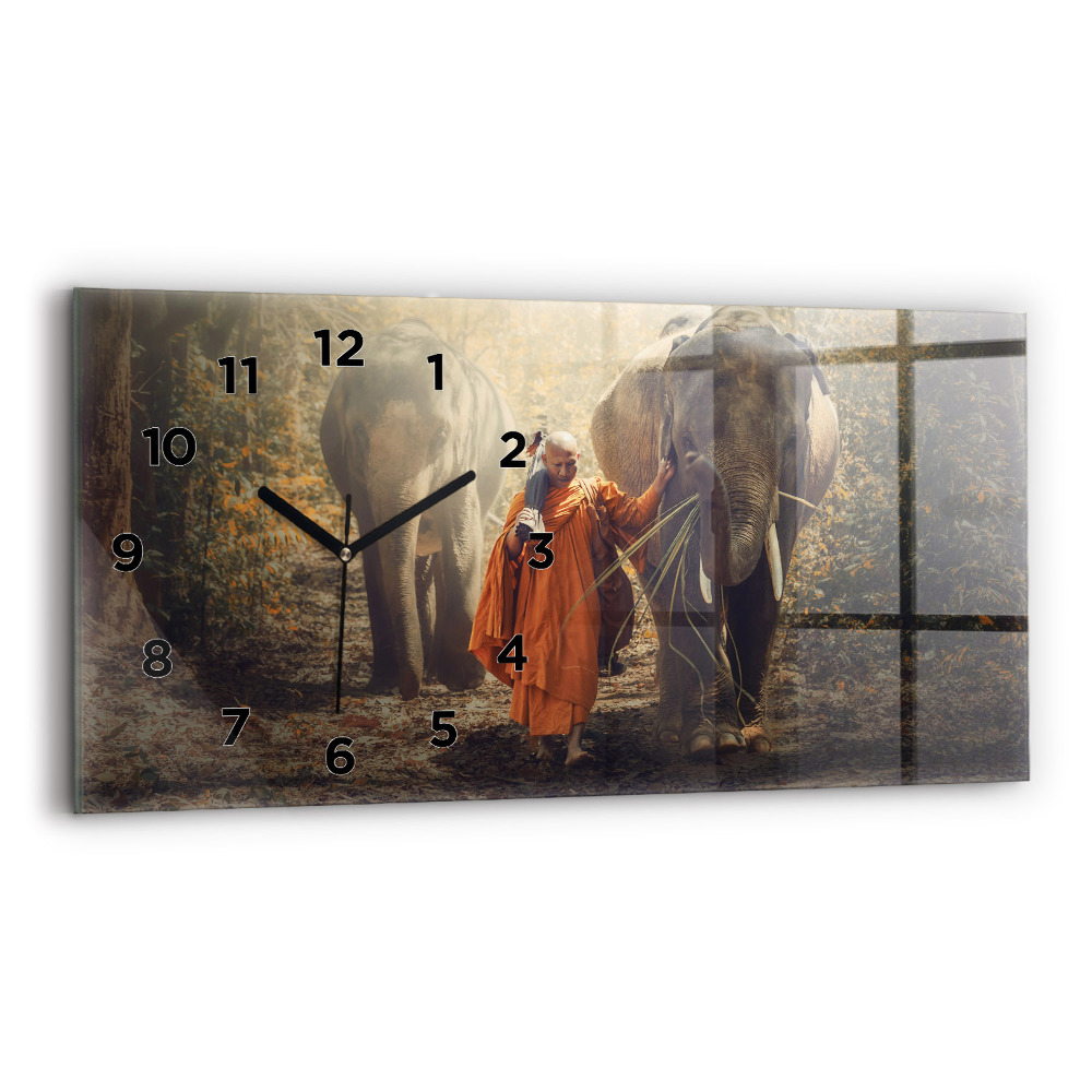 Horloge horizontale en verre Moine guidant des éléphants