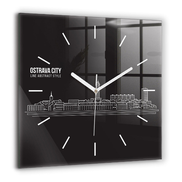 Horloge carrée en verre 60x60 cm Dessin de la ville d'Ostrava