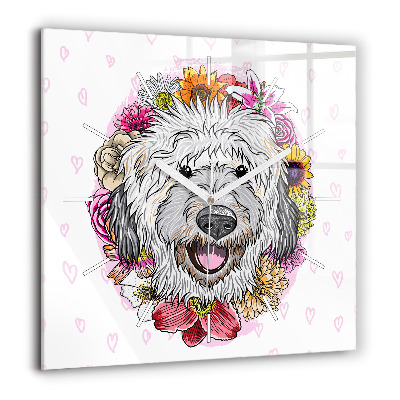 Pendule carrée en verre 60x60 cm Chien heureux dans les fleurs