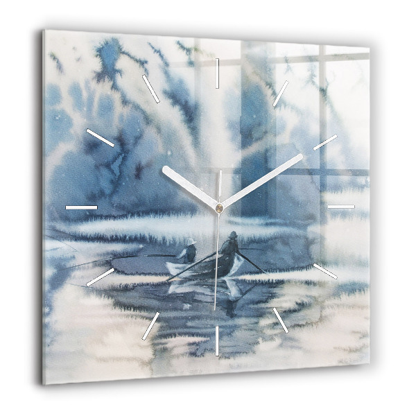 Horloge carrée en verre 60x60 cm Lac d'hiver Bateau