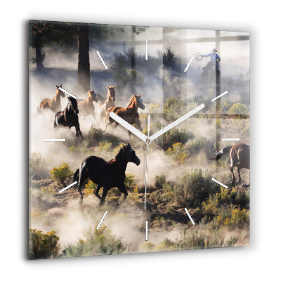 Horloge murale carrée 60x60 cm Troupeau de chevaux à vive allure
