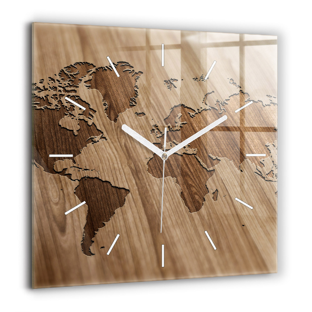 Horloge carrée en verre 60x60 cm Carte du monde sur bois