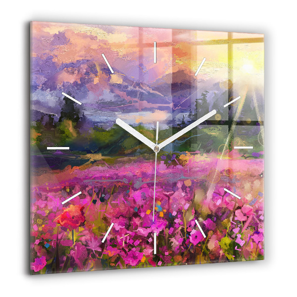 Horloge carrée en verre 60x60 cm Prairie au coucher du soleil