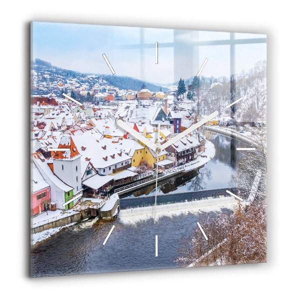 Horloge carrée en verre 60x60 cm Panorama de la ville en hiver