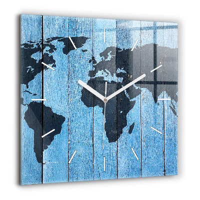 Horloge carrée en verre 60x60 cm Carte du monde sur planches