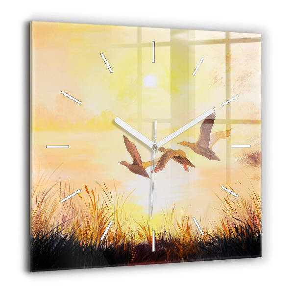 Horloge murale carrée 60x60 cm Grues au coucher du soleil