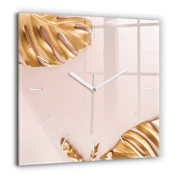 Horloge murale carrée 60x60 cm Feuilles tropicales dorées