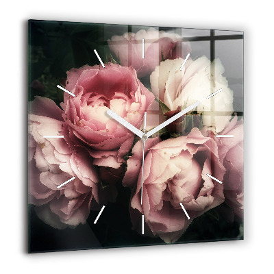 Pendule carrée en verre 60x60 cm Bouquet de roses roses