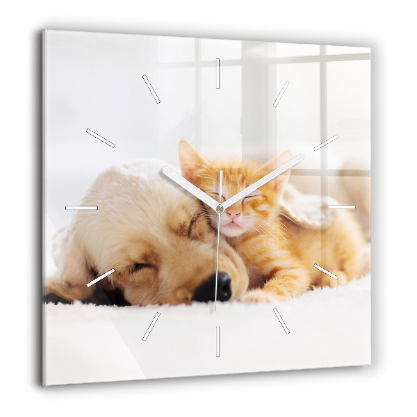 Horloge murale carrée 60x60 cm Chat et chien endormis