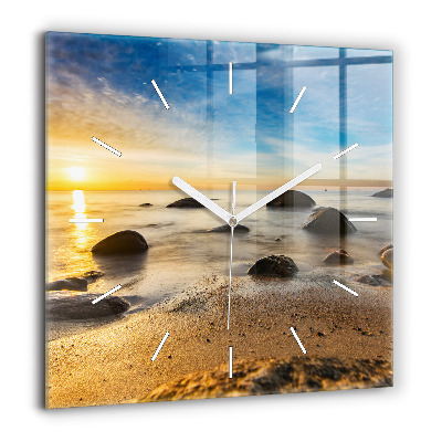 Horloge carrée en verre 60x60 cm Lever de soleil sur la mer Baltique
