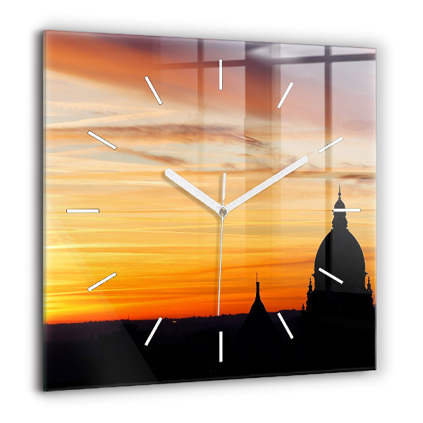 Horloge carrée en verre 60x60 cm Bâtiment et coucher de soleil