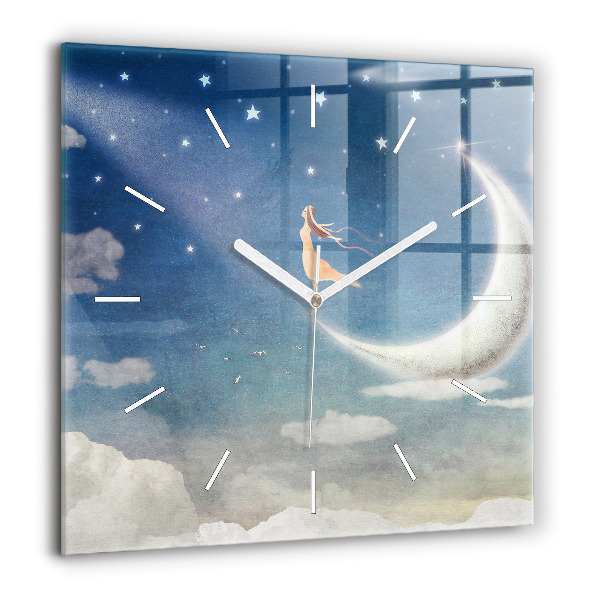 Horloge murale carrée 60x60 cm Fille sur la lune