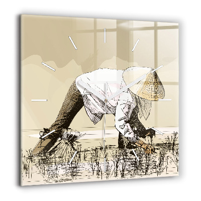 Pendule carrée en verre 60x60 cm Femme cueillant du riz