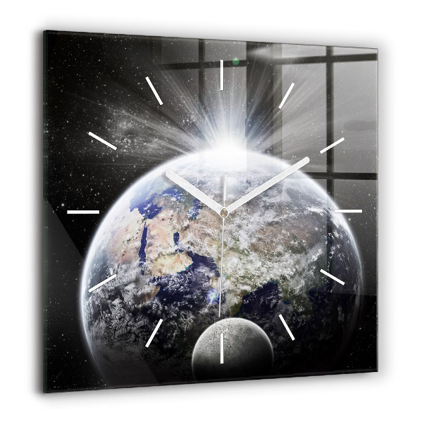 Horloge carrée en verre 60x60 cm Terre Lune Soleil