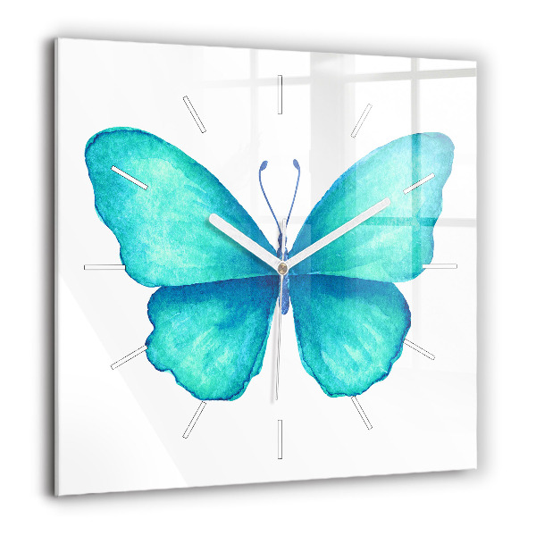 Horloge carrée en verre 60x60 cm Papillon d'été turquoise