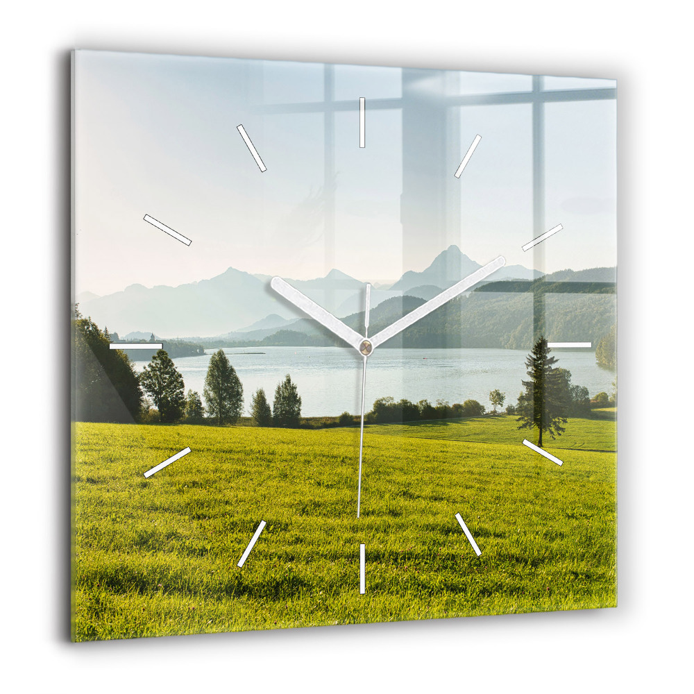Horloge carrée en verre 60x60 cm Montagnes et champs