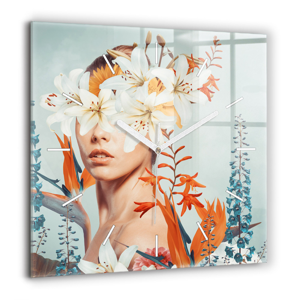 Pendule carrée en verre 60x60 cm Femme avec des fleurs