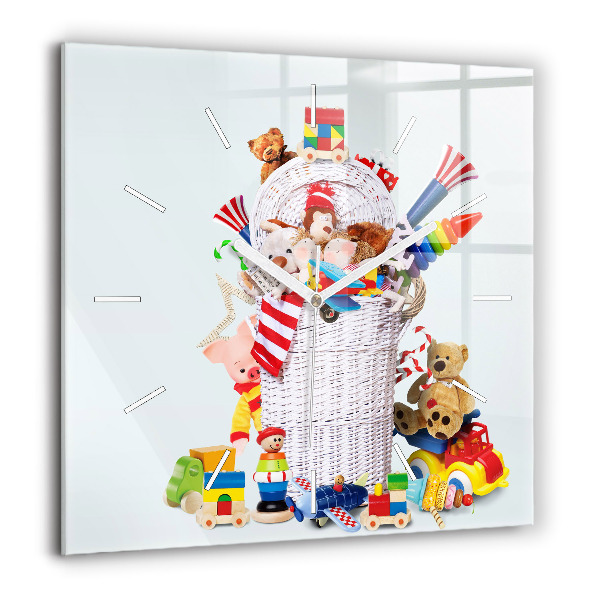 Pendule carrée en verre 60x60 cm Panier en osier avec des jouets