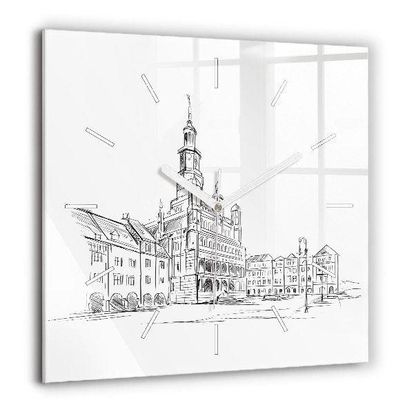 Horloge murale carrée 60x60 cm Croquis de la vieille ville de Poznań