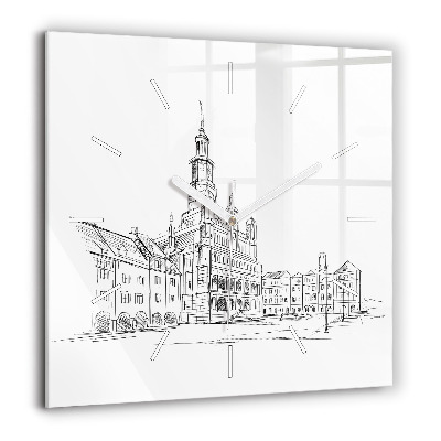 Horloge murale carrée 60x60 cm Croquis de la vieille ville de Poznań
