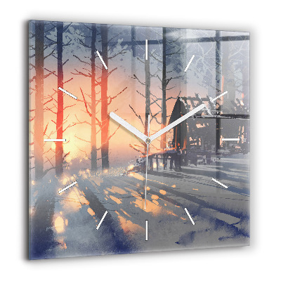 Pendule carrée en verre 60x60 cm Paysage hivernal d'arbres