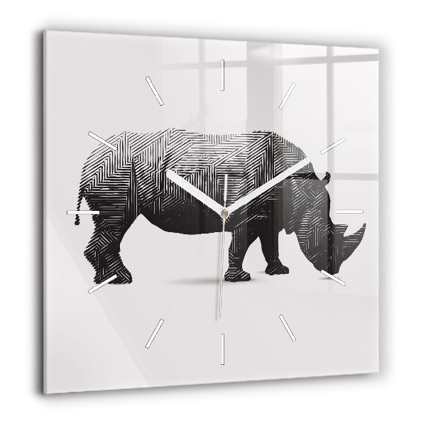 Pendule carrée en verre 60x60 cm Rhinocéros - dessin au trait