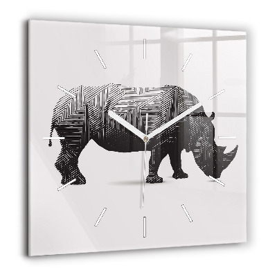 Pendule carrée en verre 60x60 cm Rhinocéros - dessin au trait