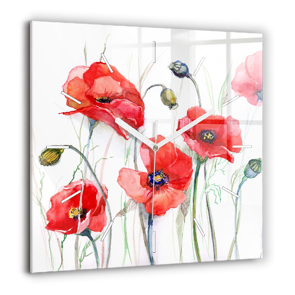 Pendule carrée en verre 60x60 cm Coquelicots rouges peints