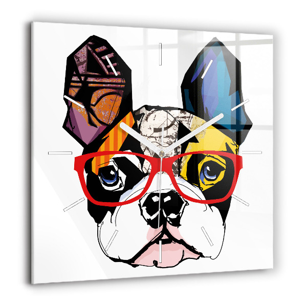 Horloge carrée en verre 60x60 cm Bouledogue français à lunettes