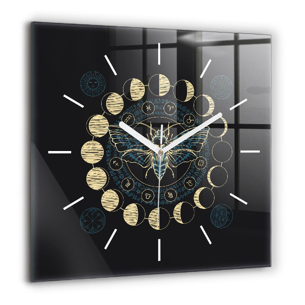 Horloge carrée en verre 60x60 cm Phases de la lune et insecte