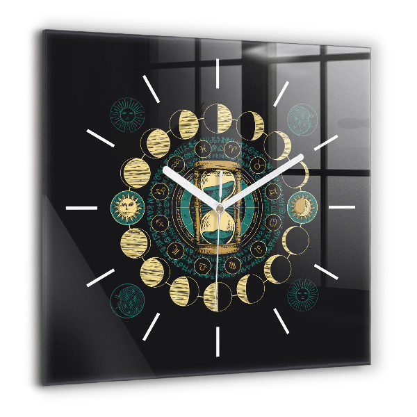 Pendule carrée en verre 60x60 cm Phases de la lune et sablier