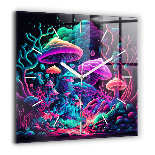 Pendule carrée en verre 60x60 cm Champignons néon