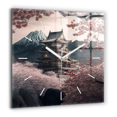 Horloge carrée en verre 60x60 cm Tour et fleurs en Asie