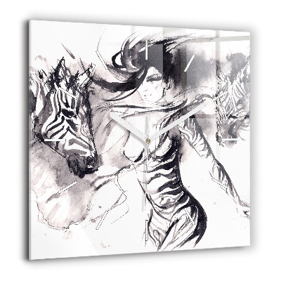 Horloge carrée en verre 60x60 cm Femme et zèbres