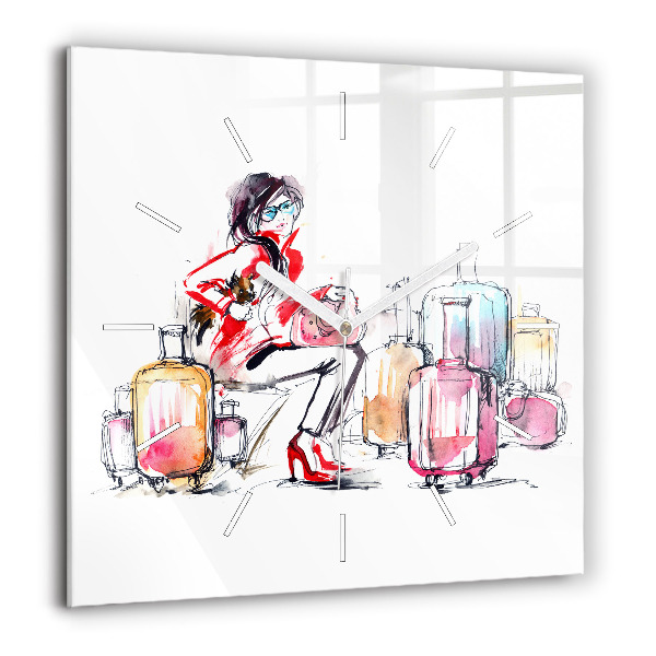 Pendule carrée en verre 60x60 cm Femme avec valises