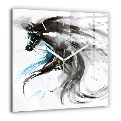 Pendule carrée en verre 60x60 cm Cheval et femme abstraits