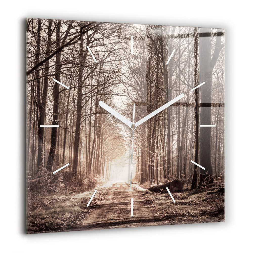 Horloge murale carrée 60x60 cm Sentier forestier en sépia