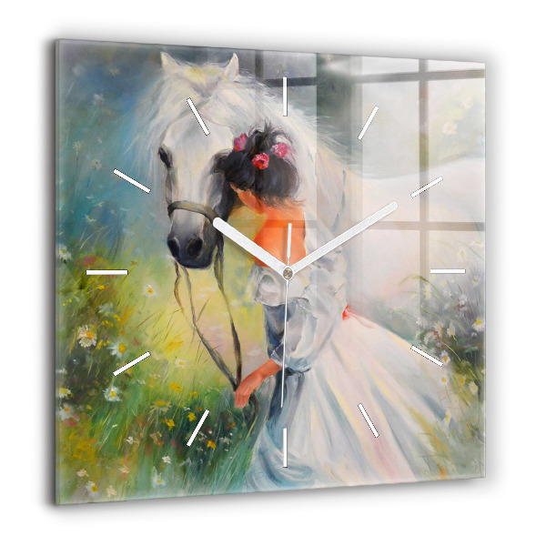 Horloge murale carrée 60x60 cm Belle femme avec cheval