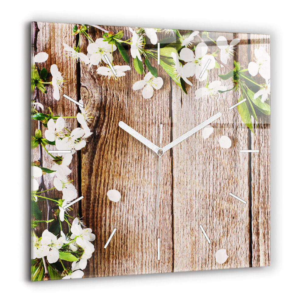 Horloge carrée en verre 60x60 cm Fleurs sur bois