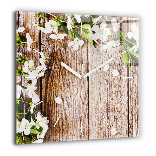 Horloge carrée en verre 60x60 cm Fleurs sur bois