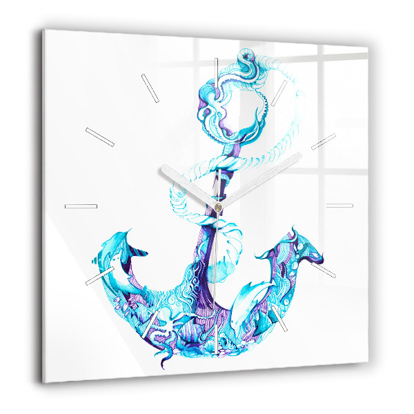 Horloge carrée en verre 60x60 cm Ancre de mer