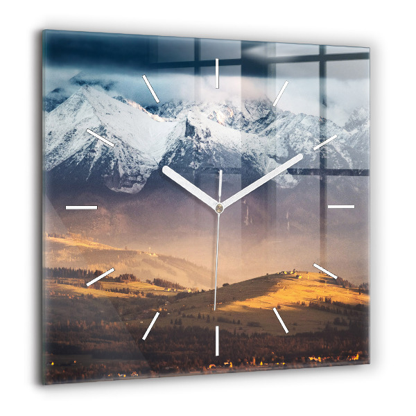 Horloge carrée en verre 60x60 cm Paysage hivernal des Tatras