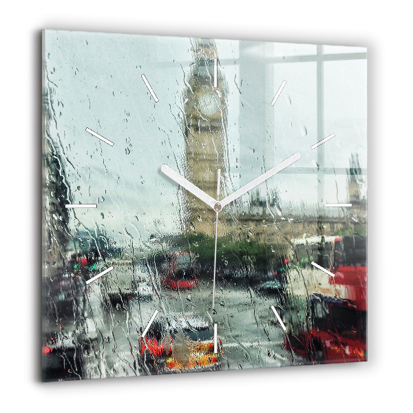 Horloge carrée en verre 60x60 cm Londres sous la pluie