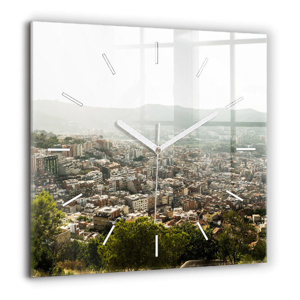 Horloge carrée en verre 60x60 cm Vue de Montjuic à Barcelone