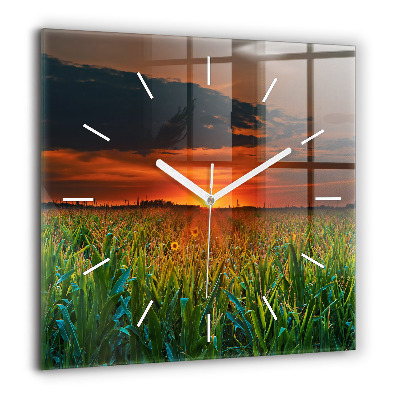 Pendule carrée en verre 60x60 cm Tournesols dans une prairie