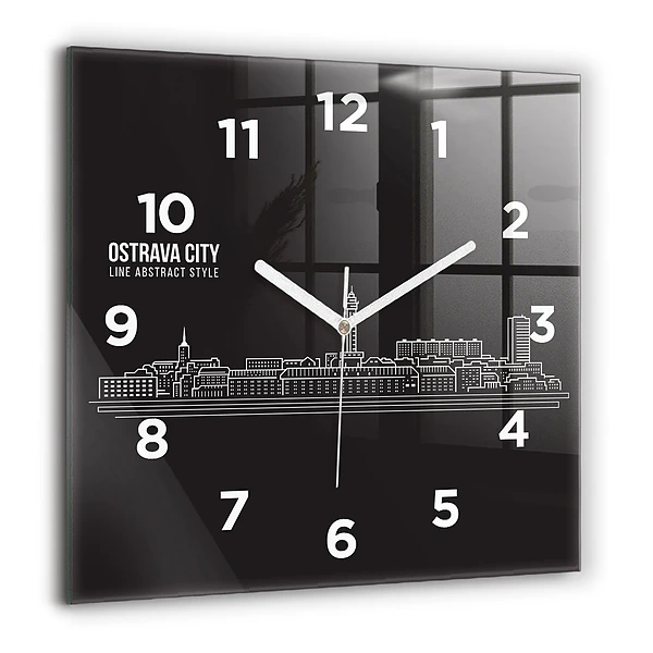 Horloge carrée en verre 60x60 cm Dessin de la ville d'Ostrava