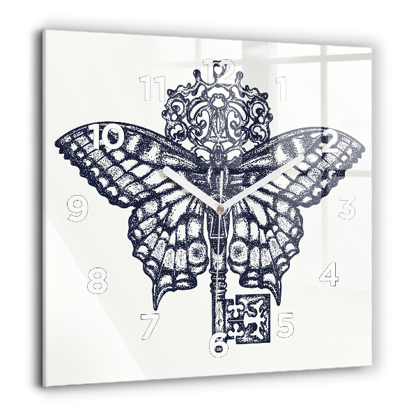 Pendule carrée en verre 60x60 cm Papillon et clé - style boho