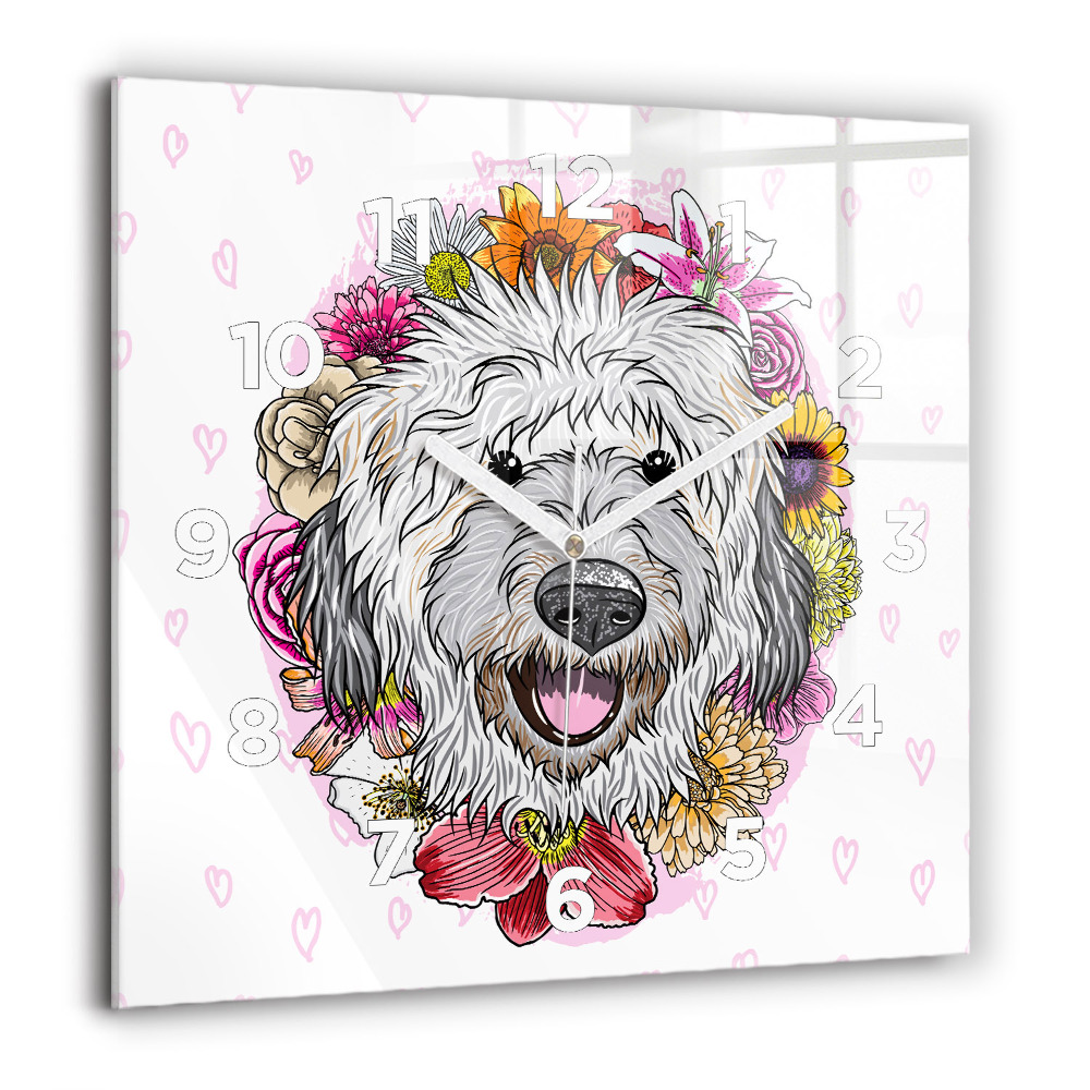 Pendule carrée en verre 60x60 cm Chien heureux dans les fleurs