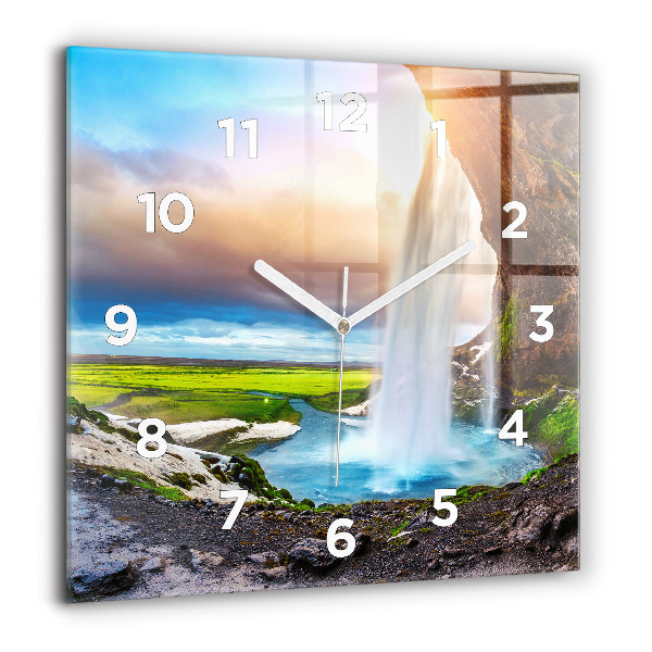 Pendule carrée en verre 60x60 cm Chute d'eau en Islande