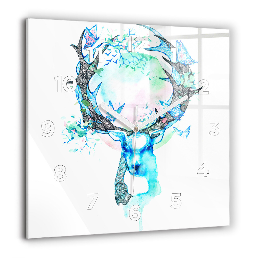 Pendule carrée en verre 60x60 cm Illustration d'un cerf